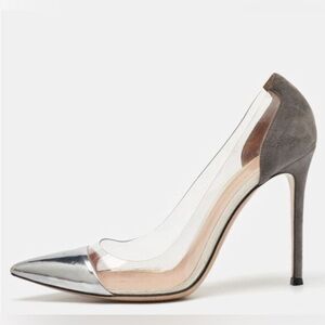 Gianvito Rossi Plexi, Silver and Gray Suede, 39
